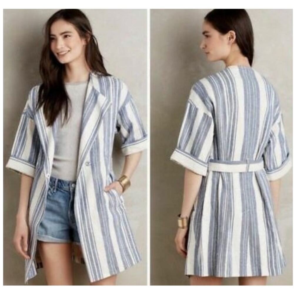 Striped Blue & White Lightweight Trench Coat